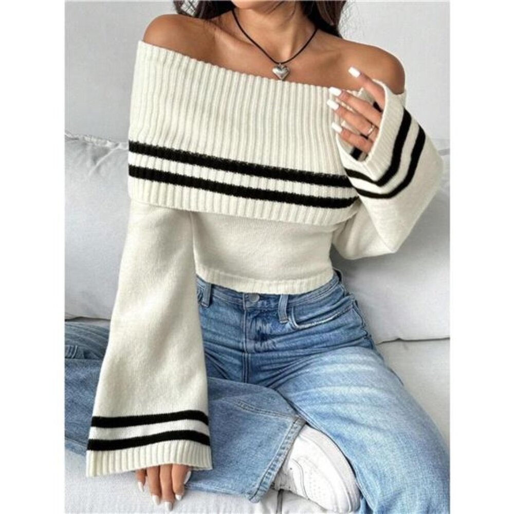 Off-Shoulder Striped Flare Sleeve Sweater